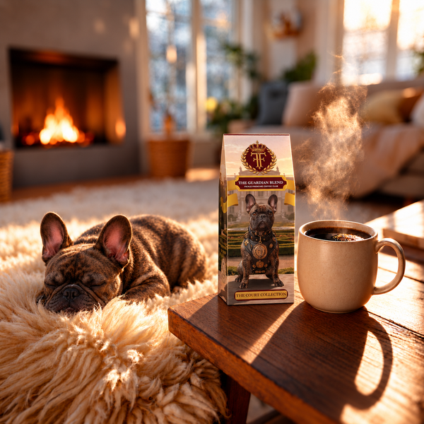 The Guardian Blend coffee box beside a steaming cream mug on a wooden table, with dark-brindle Sir Winston sleeping on a sheepskin rug by a glowing fireplace.