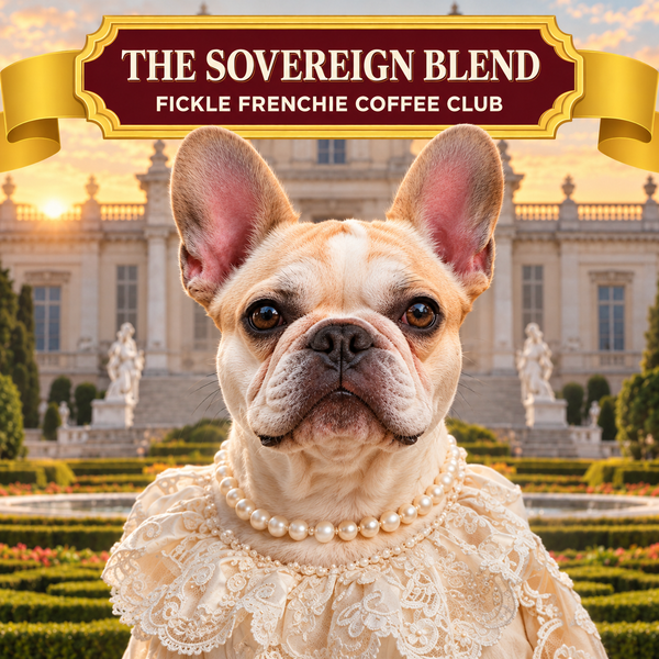 Close-up of Countess Penelope, a cream French Bulldog in lace and pearls, on The Sovereign Blend coffee label by Fickle Frenchie Coffee Club.