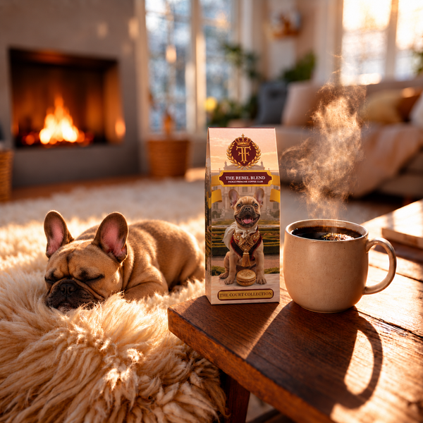 The Rebel Blend coffee box beside a steaming mug by the fireplace, with Baron Zorro resting on a sheepskin rug.