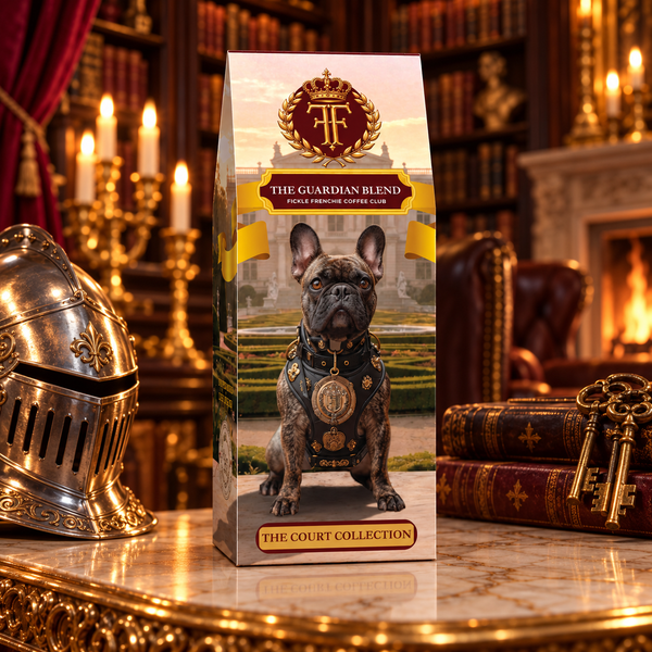 The Guardian Blend coffee box featuring Sir Winston, a dark brindle French Bulldog in a black and gold harness, beside a knight's helmet in a candlelit palace library.