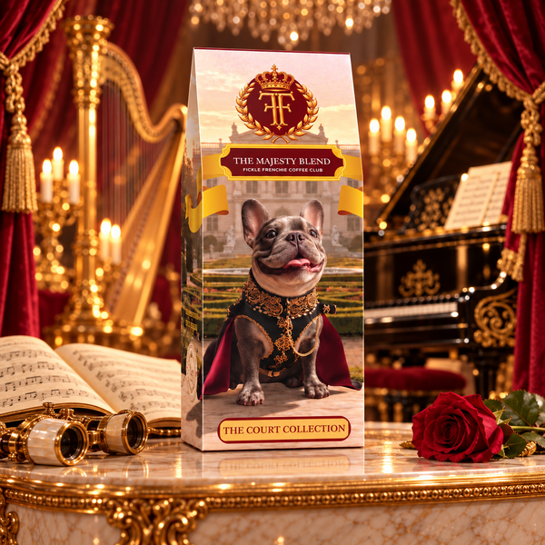 The Majesty Blend coffee box featuring Marquess Reginald, a blue-gray French Bulldog in a crimson cape, in the spotlight beside a grand piano in a palace music room.