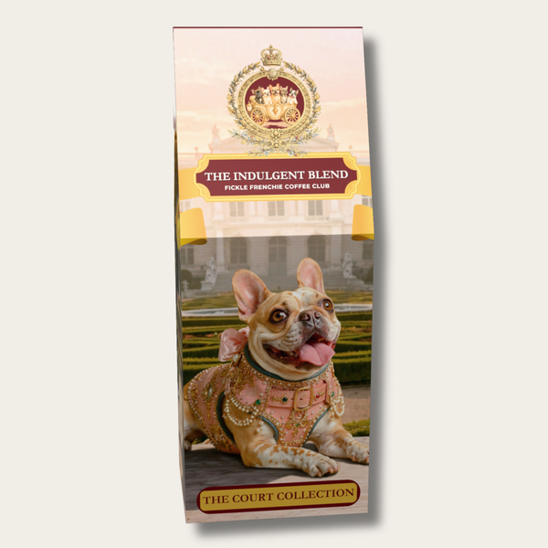 The Indulgent Blend coffee bag featuring Princess Poppy, a French Bulldog in royal pink attire, for Fickle Frenchie Coffee Club