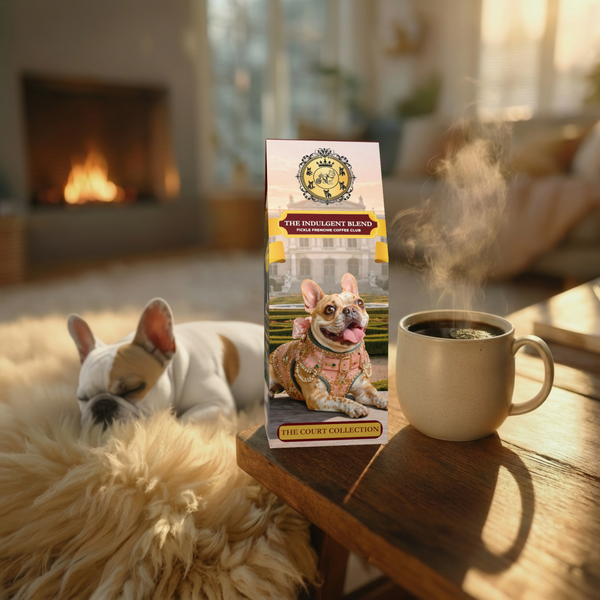 The Indulgent Blend coffee bag featuring Princess Poppy beside a steaming mug, with a resting French Bulldog near the fireplace in a cozy living room
