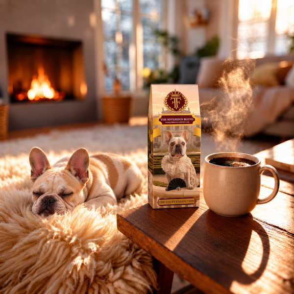 The Sovereign Blend coffee box beside a steaming mug by the fireplace, with Countess Penelope sleeping on a sheepskin rug.