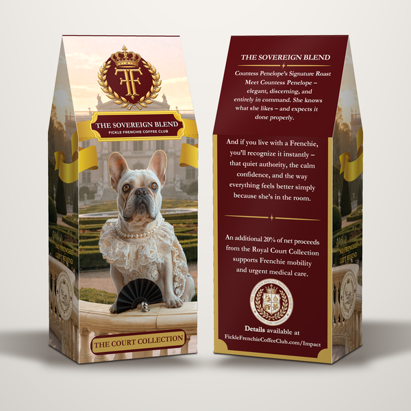 Front and back of The Sovereign Blend coffee box by Fickle Frenchie Coffee Club, featuring Countess Penelope.