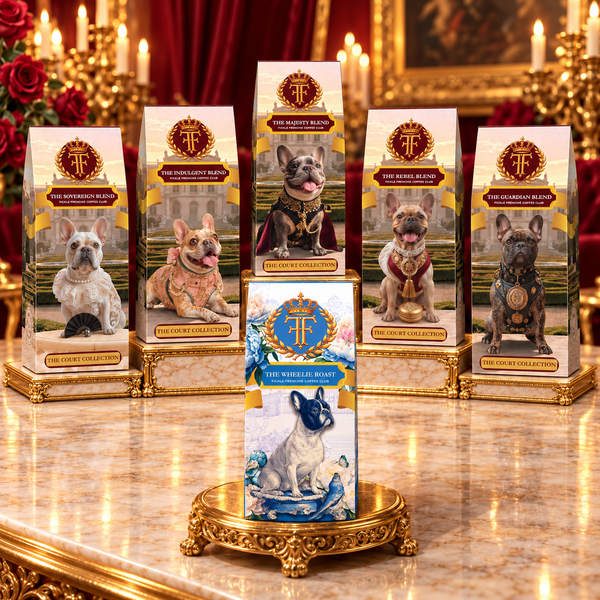 The Royal Court collection by Fickle Frenchie Coffee Club: all five Court Blend coffee boxes on tiered gold and marble risers, with The Wheelie Roast on a gold pedestal in a candlelit palace salon.