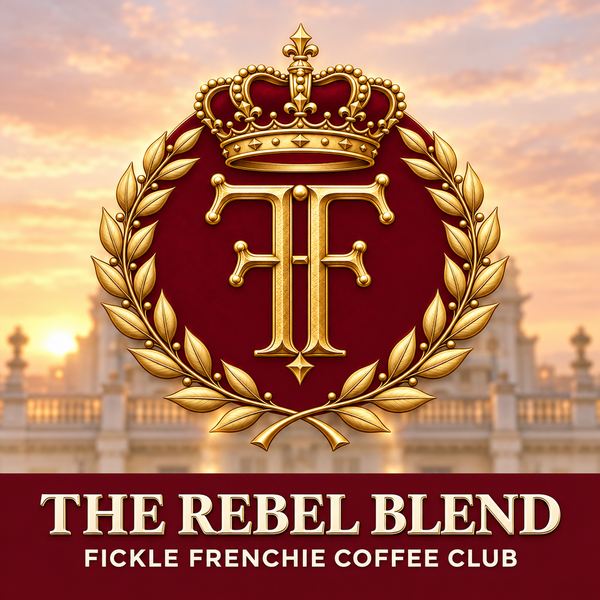 The Rebel Blend royal crest logo for Fickle Frenchie Coffee Club