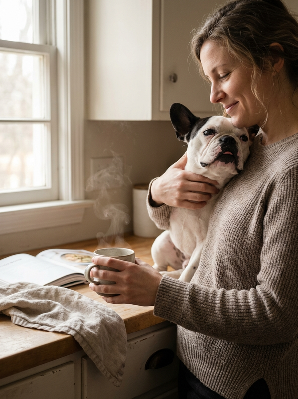 Woman holding a French Bulldog beside a steaming mug during a quiet morning ritual for Fickle Frenchie Coffee Club