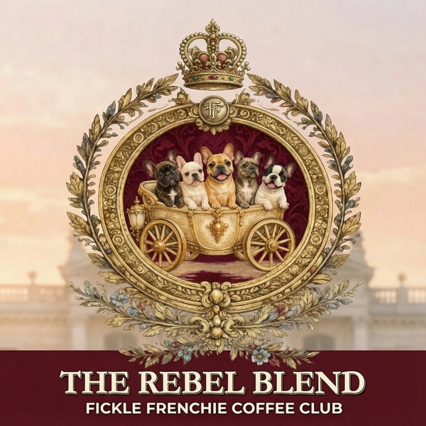 The Rebel Blend royal crest logo featuring French Bulldogs in a gold carriage for Fickle Frenchie Coffee Club