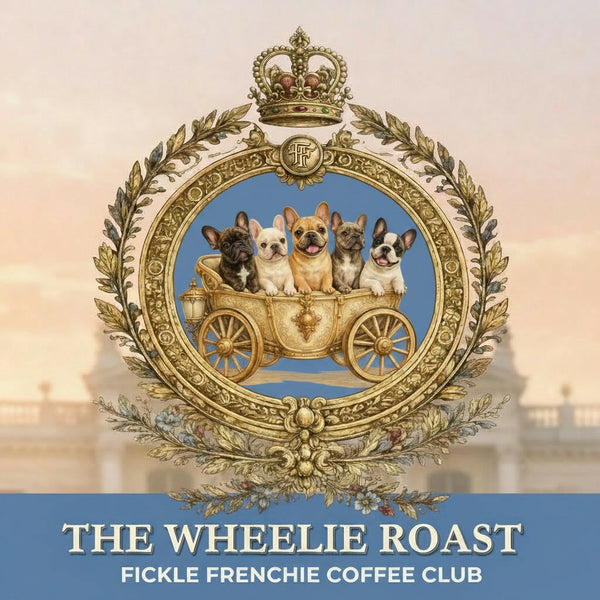 The Fickle Frenchie royal crest logo featuring French Bulldogs in a gold carriage for Fickle Frenchie Coffee Club