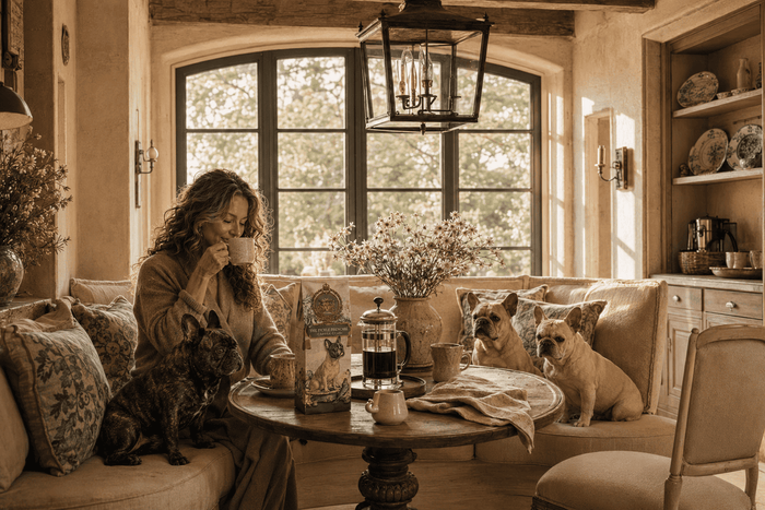 Vivienne with all three dogs, morning coffee, estate kitchen