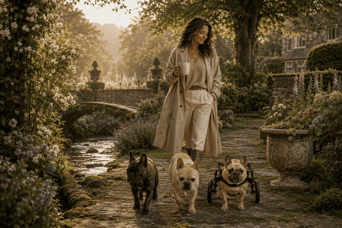Vivienne walking with all three dogs, morning coffee