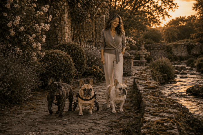 Vivienne sitting with three French bulldogs in a cozy, sunlit room, gently petting and spending time with them