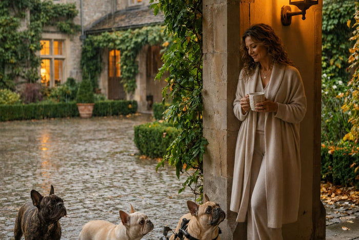 Vivienne enjoying a ritual coffee with her French Bulldogs on the outdoor loggia.