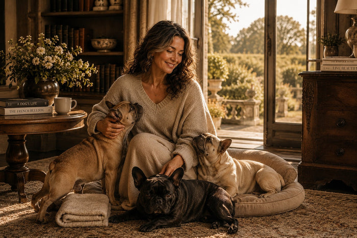 Vivienne sitting with three French bulldogs in a cozy, sunlit room, gently petting and spending time with them.