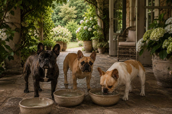 three dogs at water bowls on a covered patio