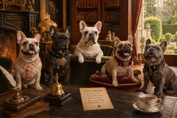 Fickle Frenchie Royal Court French Bulldogs posing together for a group portrait.