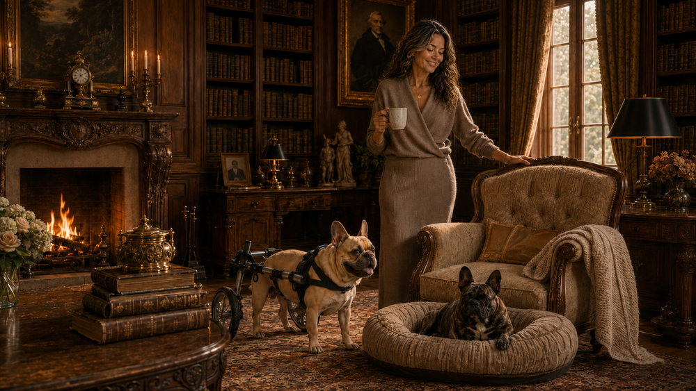 Woman in a cozy living room with dogs and a fireplace