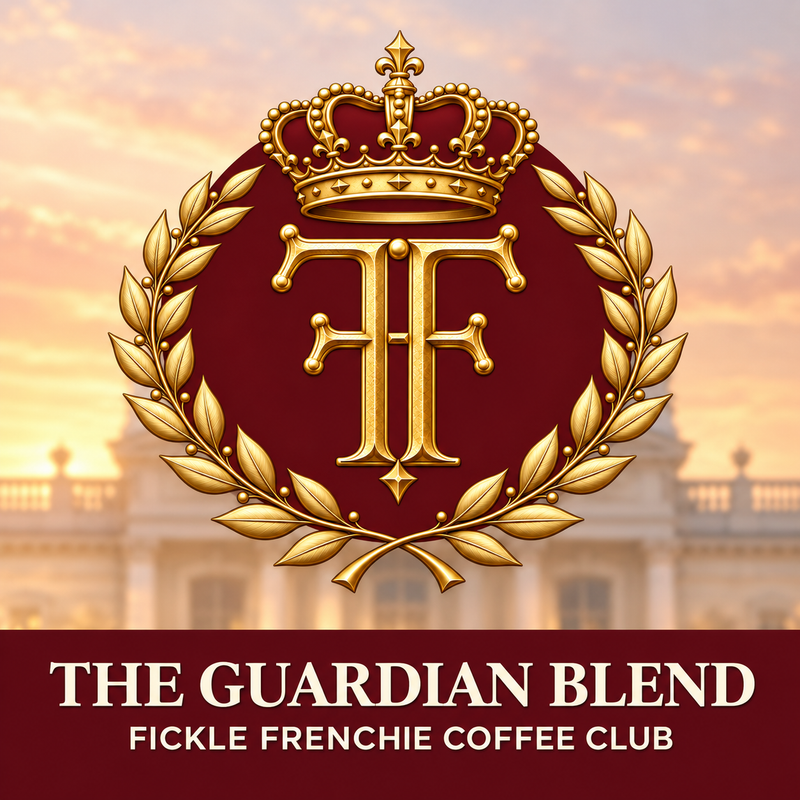The Guardian Blend gold crown, mirrored FF monogram and laurel crest on burgundy, with a softly lit palace background and Fickle Frenchie Coffee Club title.