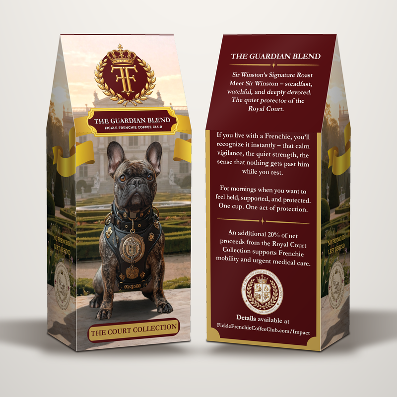Front and back of The Guardian Blend coffee box by Fickle Frenchie Coffee Club, featuring Sir Winston.