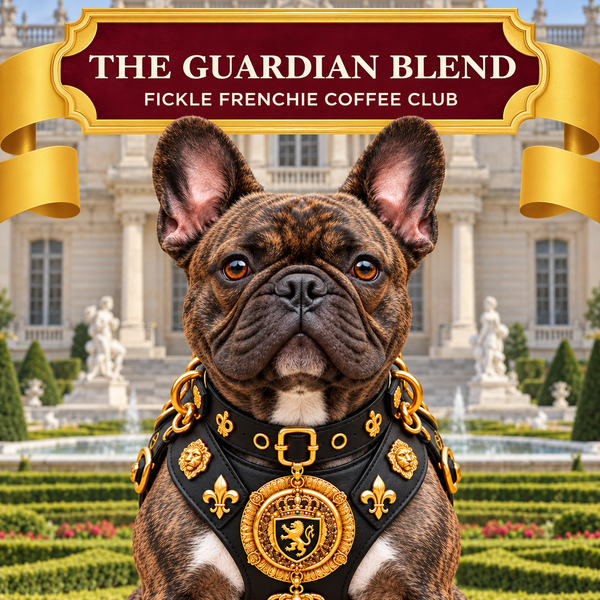 Brindle French Bulldog wearing a black leather harness with gold ornaments and a crowned lion medallion, in palace gardens beneath The Guardian Blend banner.