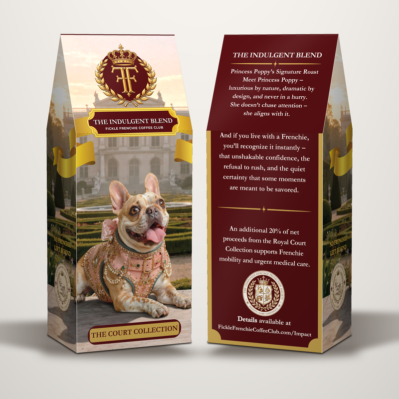 Front and back of The Indulgent Blend coffee box by Fickle Frenchie Coffee Club, featuring Princess Poppy and mission details.