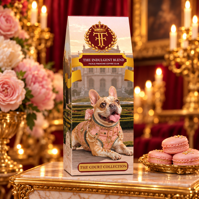 The Indulgent Blend coffee box featuring Princess Poppy, a cream and fawn French Bulldog in a pink jeweled harness, with blush roses and pink macarons in a candlelit palace salon.
