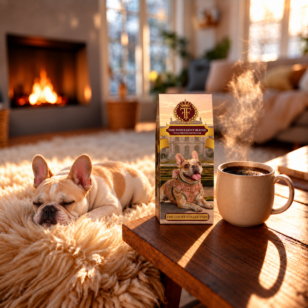 The Indulgent Blend coffee box beside a steaming mug by the fireplace, with Princess Poppy resting on a sheepskin rug in a cozy living room.