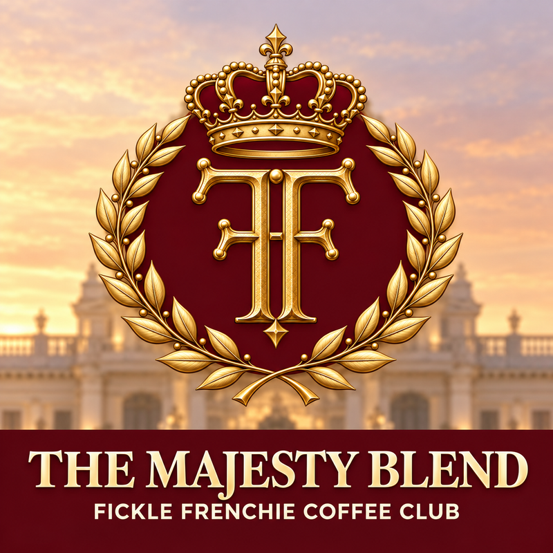 The Majesty Blend logo with a gold crown, mirrored FF monogram and laurel wreath on a Crimson background.