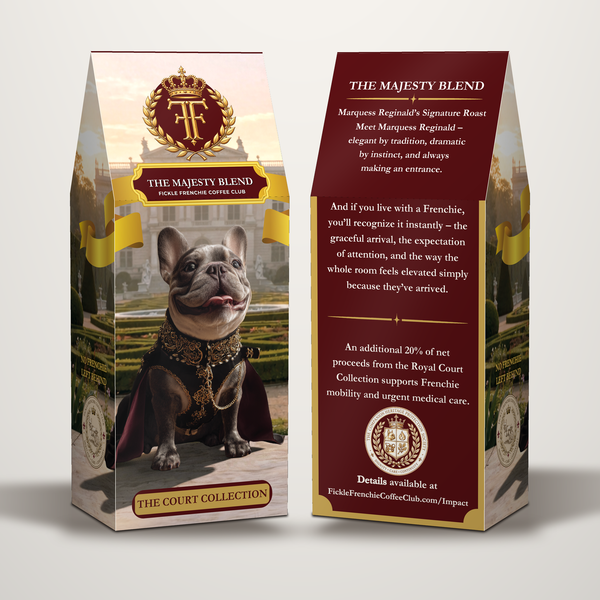 Front and back views of The Majesty Blend coffee packaging, featuring Marquess Reginald, a crowned gold FF crest, and burgundy and gold detailing.