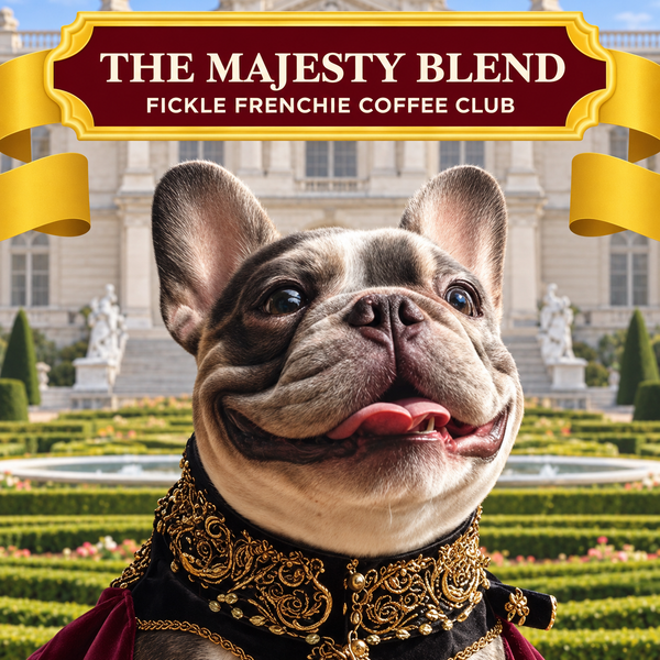 Marquess Reginald, a blue-gray French Bulldog in a gold-embroidered black collar and crimson cape, in palace gardens beneath The Majesty Blend banner.