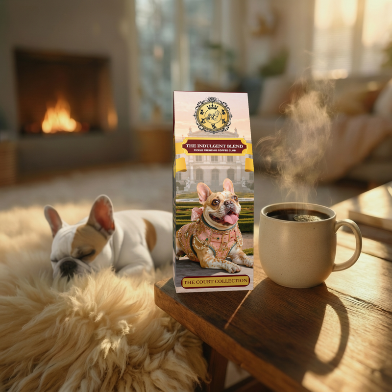 The Indulgent Blend coffee bag featuring Princess Poppy beside a steaming mug, with a resting French Bulldog near the fireplace in a cozy living room