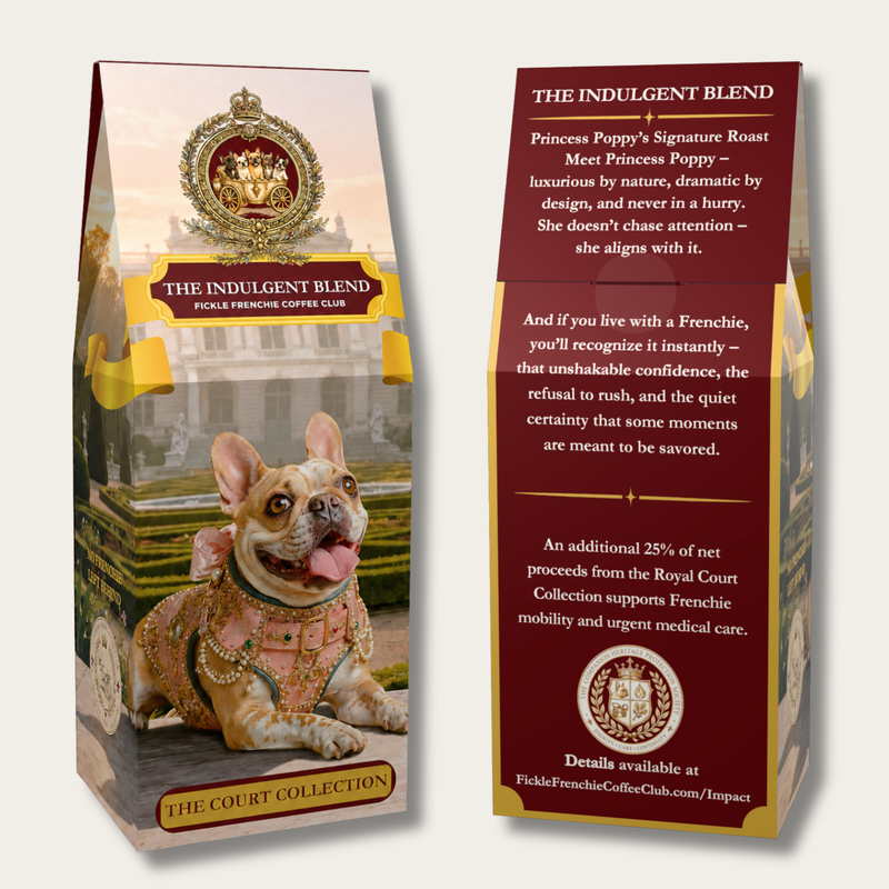 Princess Poppy The Indulgent Blend Front and Back Coffee Bag | Front and back view of The Indulgent Blend coffee bag featuring Princess Poppy and mission details for Fickle Frenchie Coffee Club