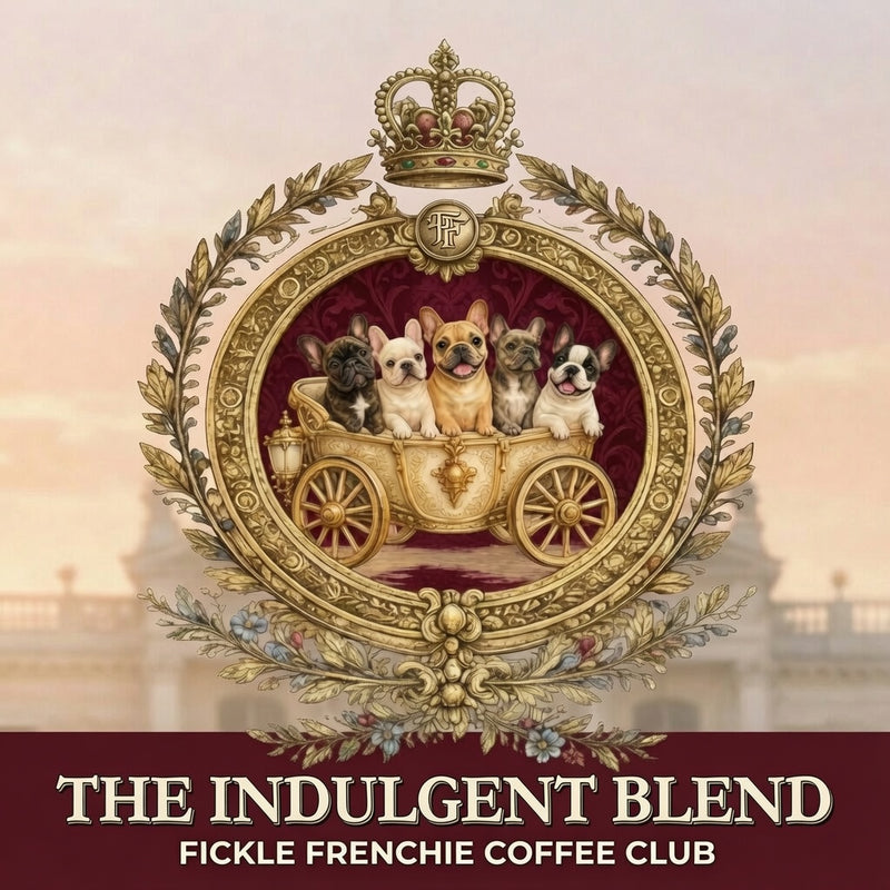 The Indulgent Blend royal crest featuring French Bulldogs in a gold carriage above the Princess Poppy coffee blend logo for Fickle Frenchie Coffee Club