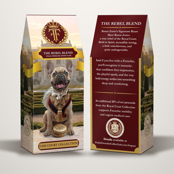 The Rebel Blend coffee box from Fickle Frenchie Coffee Club, front and back, featuring Baron Zorro the fawn French Bulldog