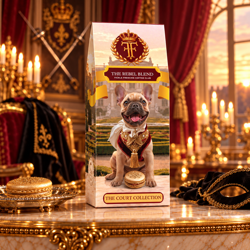 The Rebel Blend coffee box featuring Baron Zorro, a smiling fawn French Bulldog in a white cravat, with crossed fencing foils and a gold macaron in a palace fencing salon.