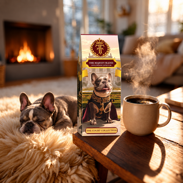The Majesty Blend coffee box beside a steaming cream mug on a wooden table, with a blue-gray French Bulldog sleeping on a sheepskin rug by a glowing fireplace.