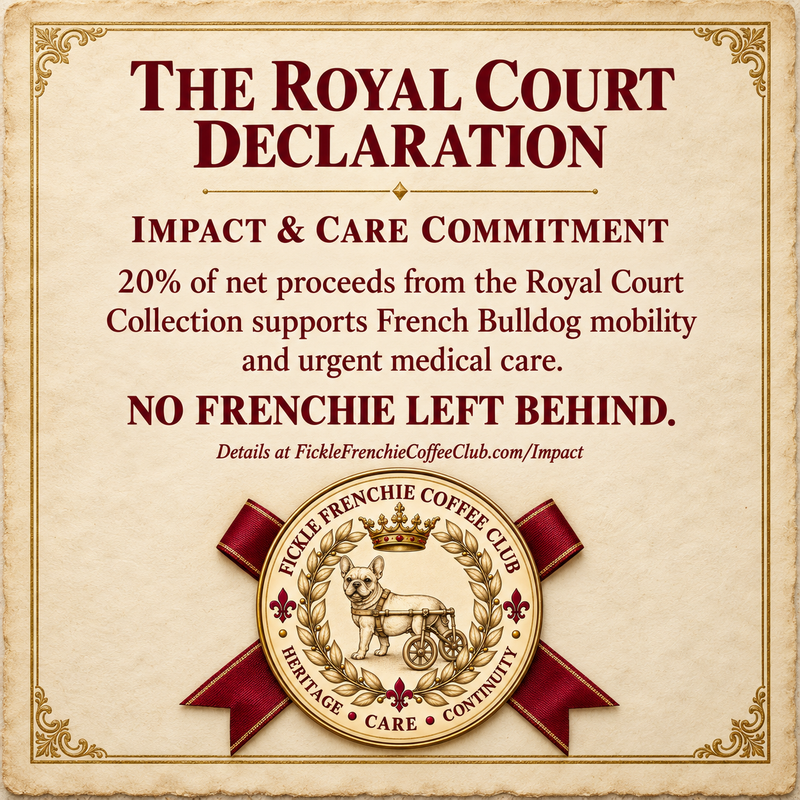 Royal Court Declaration pledging 20% of net proceeds from the Royal Court Collection to French Bulldog mobility and urgent medical care, with a gold Heritage seal and crimson ribbons.