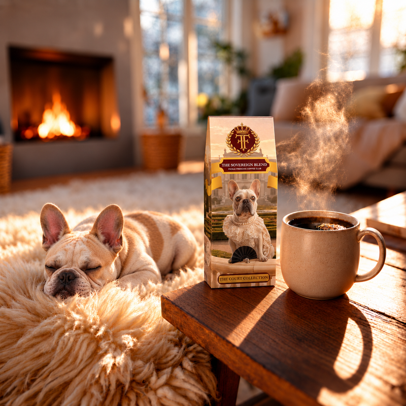 The Sovereign Blend coffee box beside a steaming mug by the fireplace, with Countess Penelope sleeping on a sheepskin rug.
