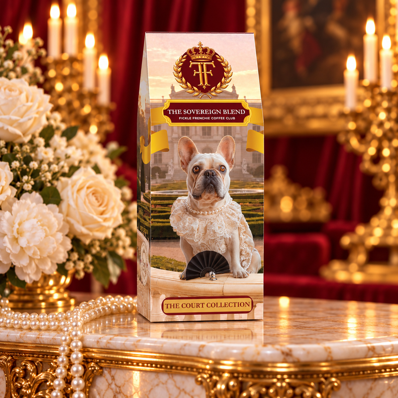 The Sovereign Blend coffee box featuring Countess Penelope, a cream French Bulldog in lace and pearls, on a gold-trimmed marble riser with ivory roses in a candlelit palace salon.