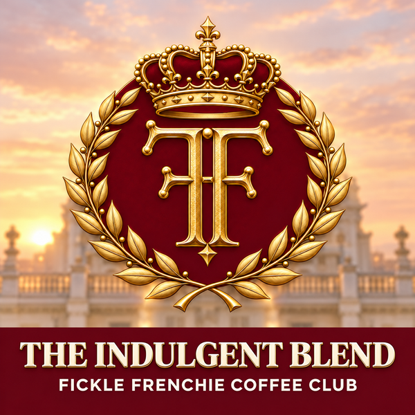 The Indulgent Blend royal crest logo for Fickle Frenchie Coffee Club.