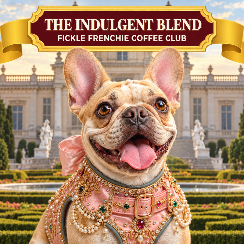 Princess Poppy, a smiling cream-and-fawn French Bulldog wearing a blush-pink jeweled harness with pearls and a silk bow, poses before a royal palace beneath The Indulgent Blend banner.