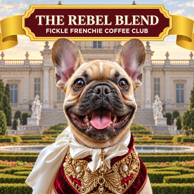 Close-up of Baron Zorro, a smiling fawn French Bulldog in a white cravat, on The Rebel Blend coffee label by Fickle Frenchie Coffee Club