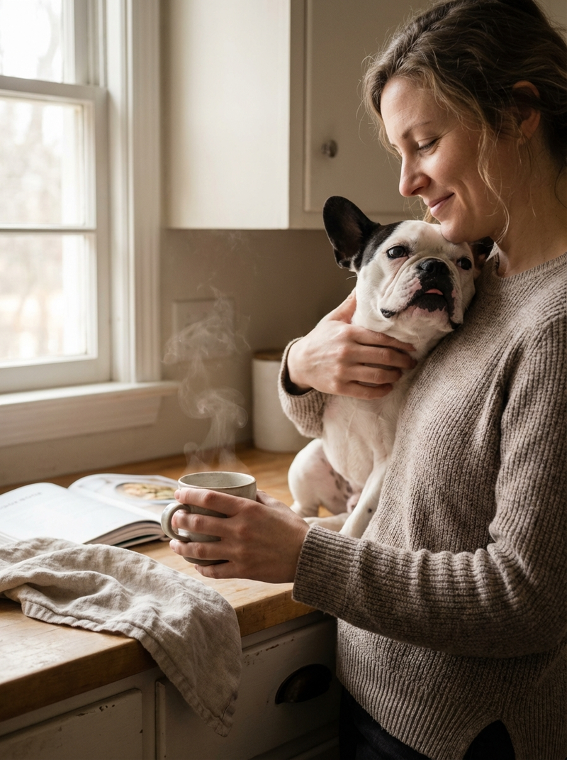 Woman holding a French Bulldog beside a steaming mug during a quiet morning ritual for Fickle Frenchie Coffee Club