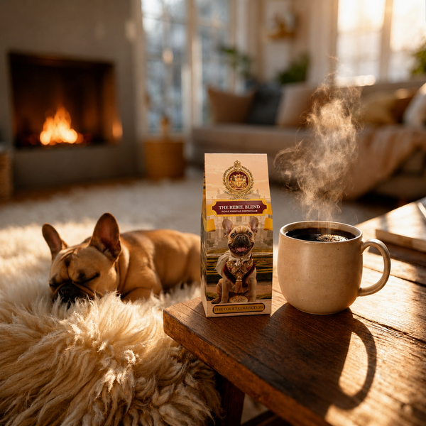 The Rebel Blend coffee bag beside a steaming mug with a French Bulldog resting by the fireplace for Fickle Frenchie Coffee Club
