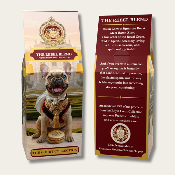 Front and back view of The Rebel Blend coffee bag featuring Baron Zorro and mission details for Fickle Frenchie Coffee Club
