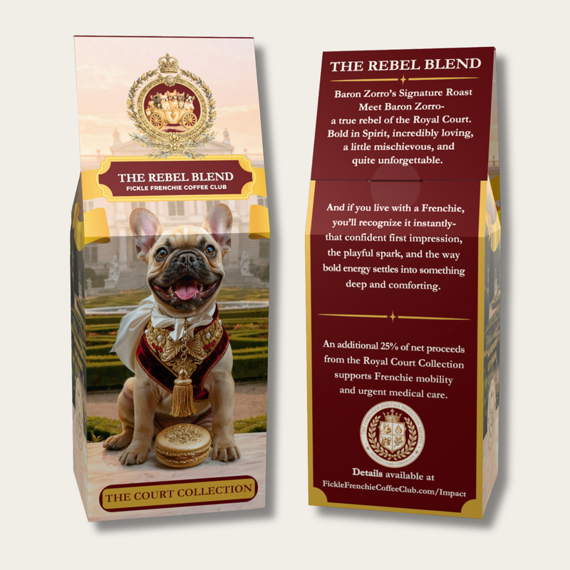Front and back view of The Rebel Blend coffee bag featuring Baron Zorro and mission details for Fickle Frenchie Coffee Club