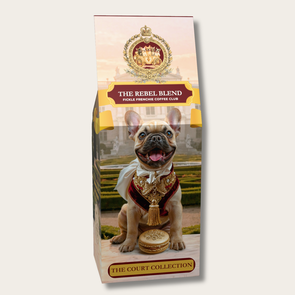 The Rebel Blend coffee bag featuring Baron Zorro, a French Bulldog in royal attire, for Fickle Frenchie Coffee Club
