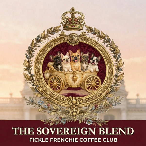 The Rebel Blend royal crest logo featuring French Bulldogs in a gold carriage for Fickle Frenchie Coffee Club