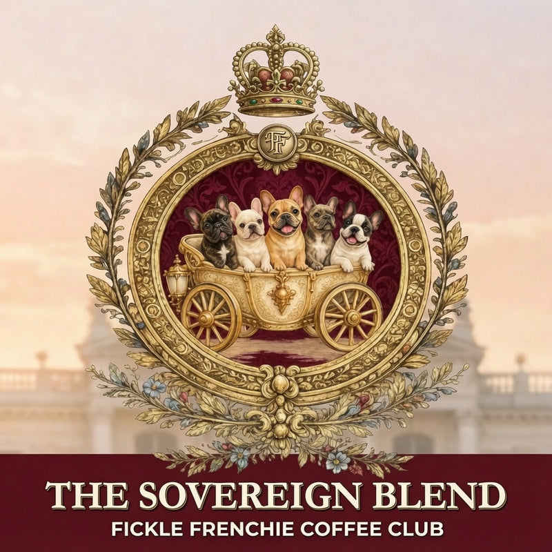 The Rebel Blend royal crest logo featuring French Bulldogs in a gold carriage for Fickle Frenchie Coffee Club